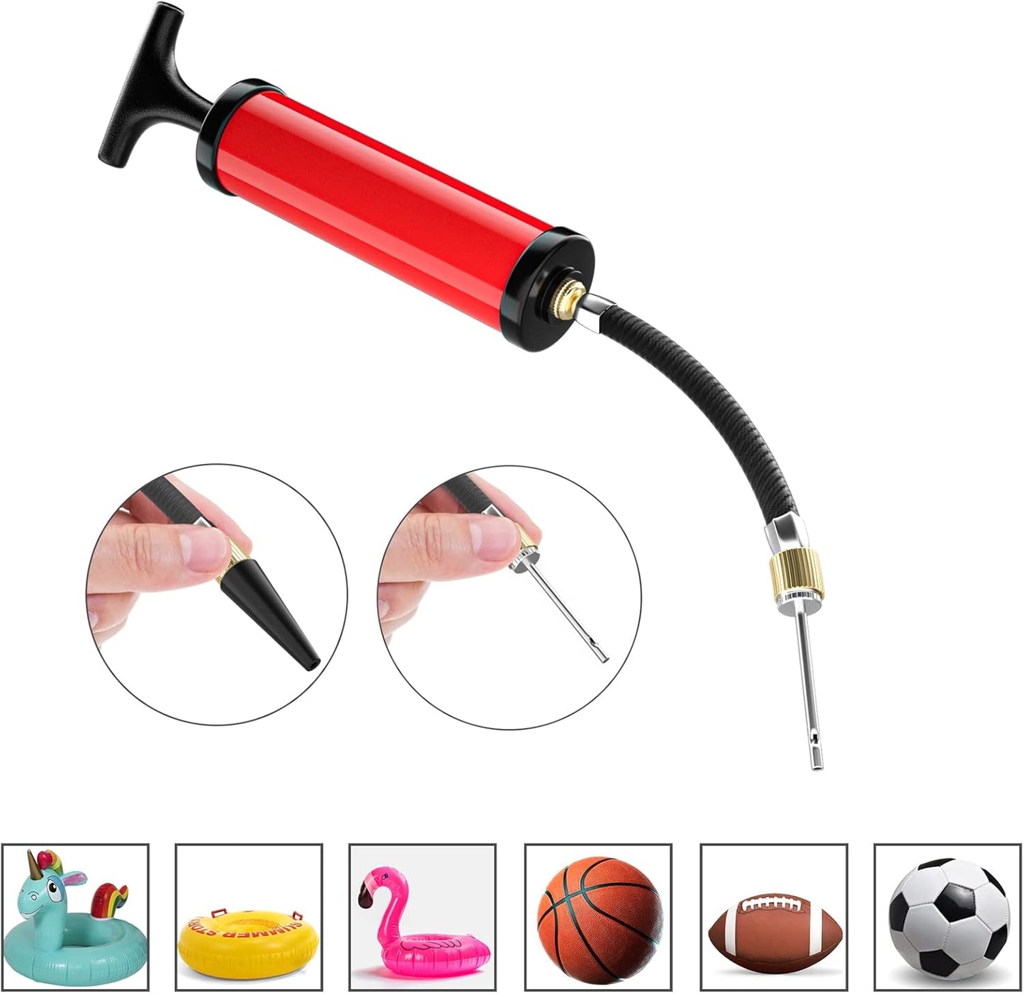 Ball Pump, Sports Ball Pump with 5 Needles, Nozzle, Extension Hose, Push & Pull Inflator System, Perfect for Volleyball, Basketball, Football, Soccer, Water Polo, Swim Inflatables -RED