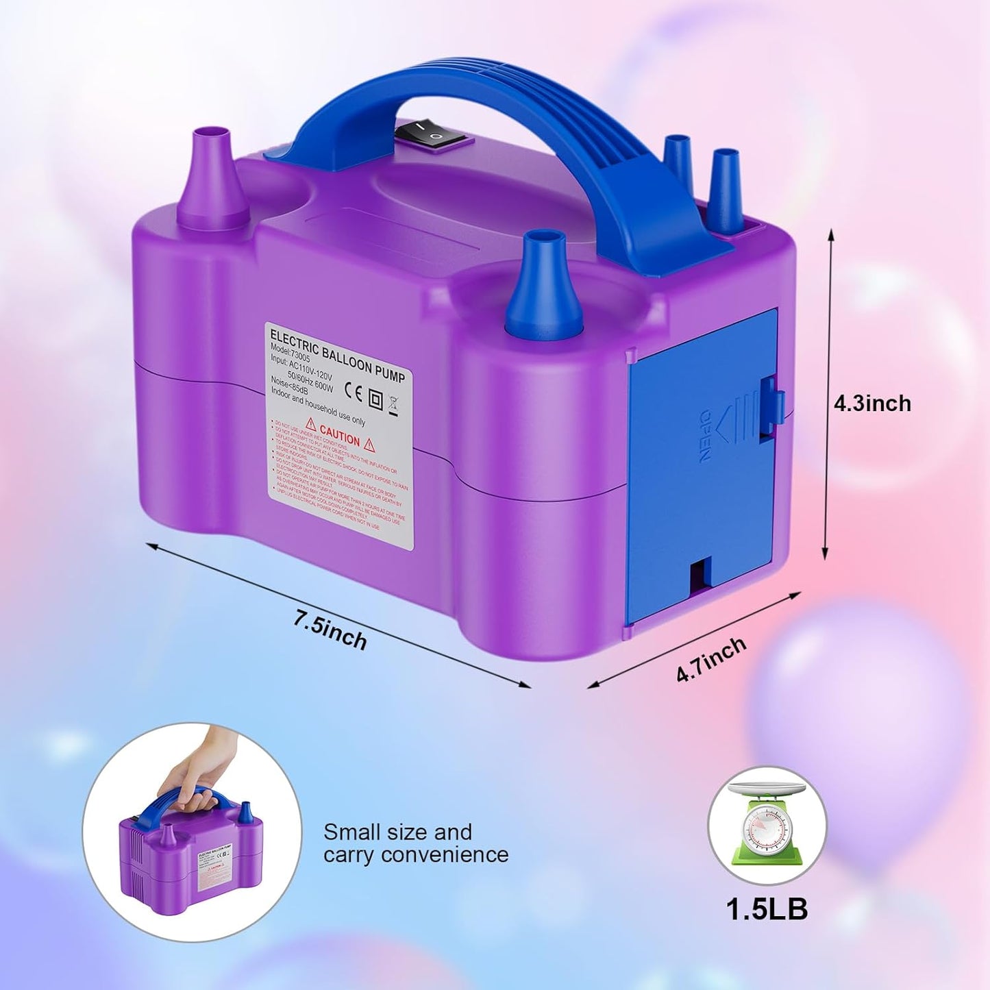 Electric Air Balloon Pump, Portable Dual Nozzle Electric Balloon Inflator for Party Decoration, 110V 600W Balloon Blower Pump Inflation -purple