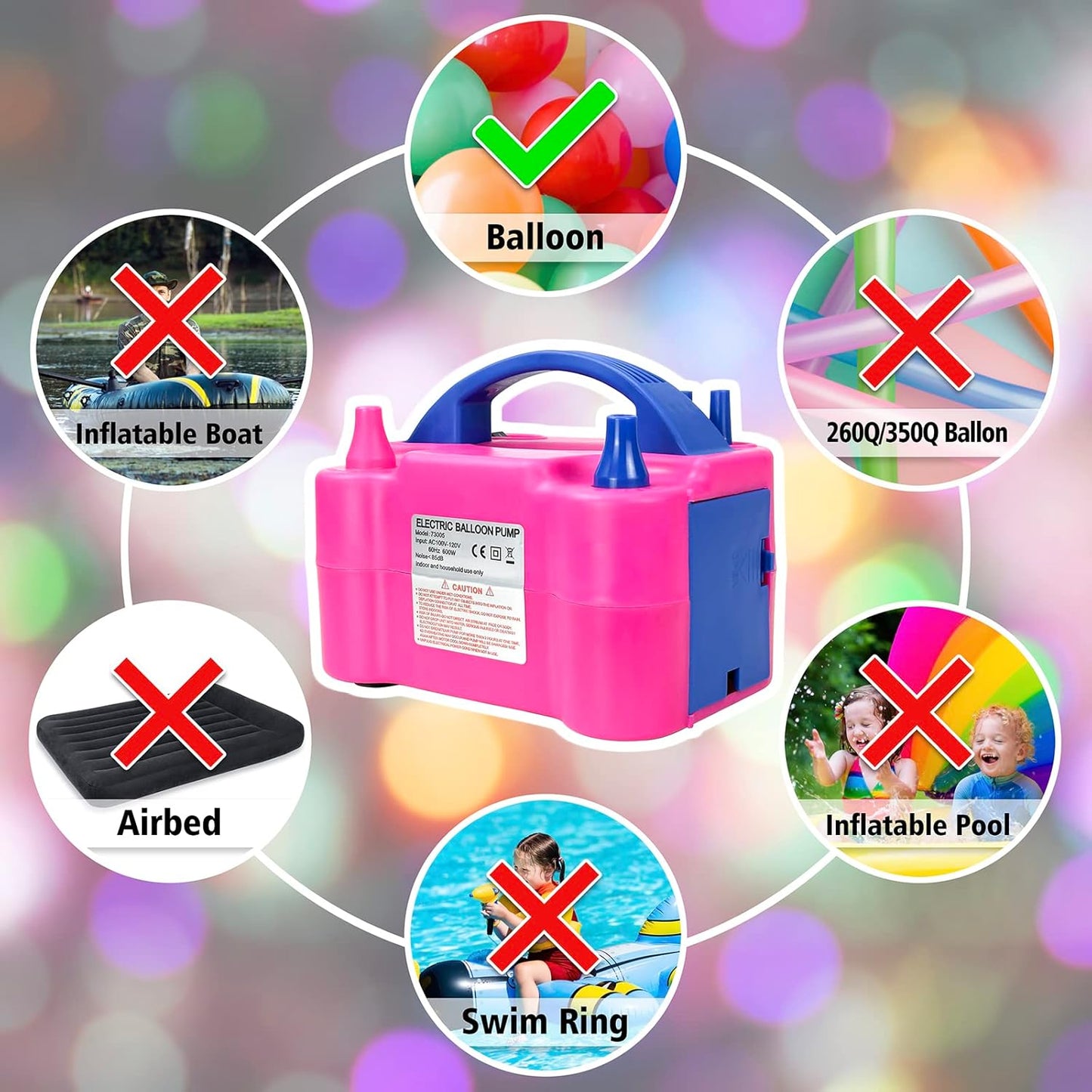 Electric Balloon Pump, Portable Dual Nozzle Electric Balloon Air Inflator for Party Decoration, 110V 600W Balloon Blower Pump Inflation-Rose Red