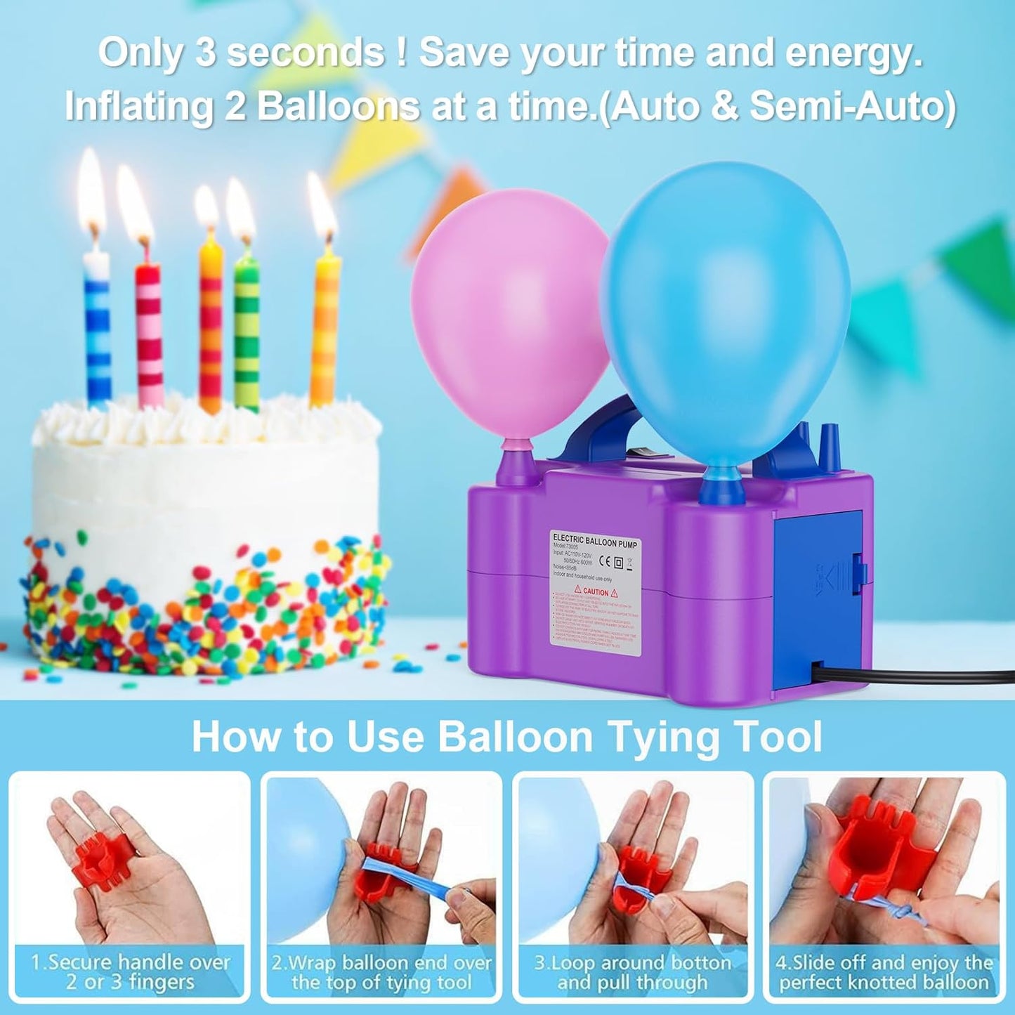 Electric Air Balloon Pump, Portable Dual Nozzle Electric Balloon Inflator for Party Decoration, 110V 600W Balloon Blower Pump Inflation -purple