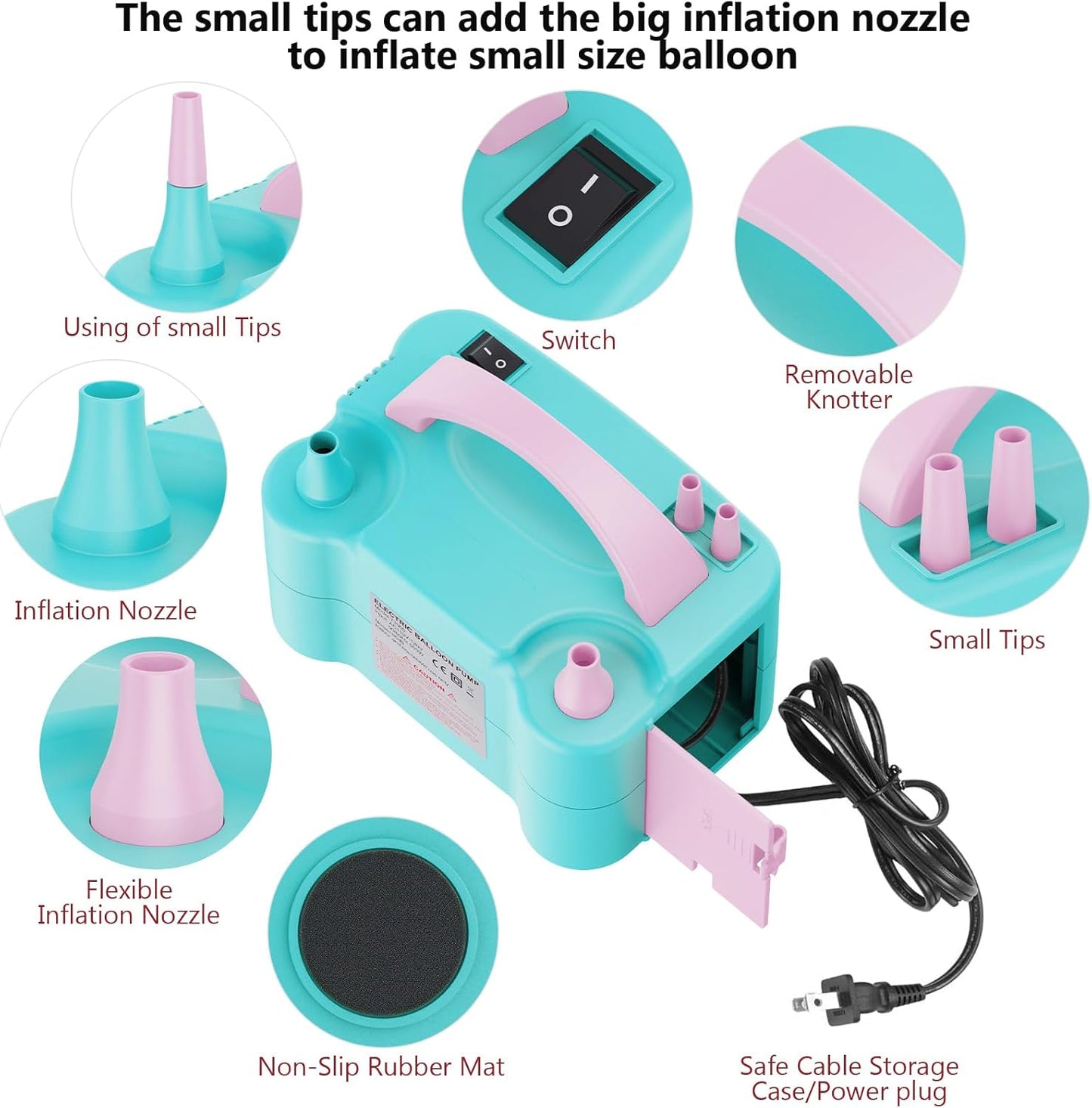 Electric Balloon Pump, Portable Dual Nozzle Electric Balloon Air Inflator for Party Decoration, 110V 600W Balloon Blower Pump Inflation-Blue