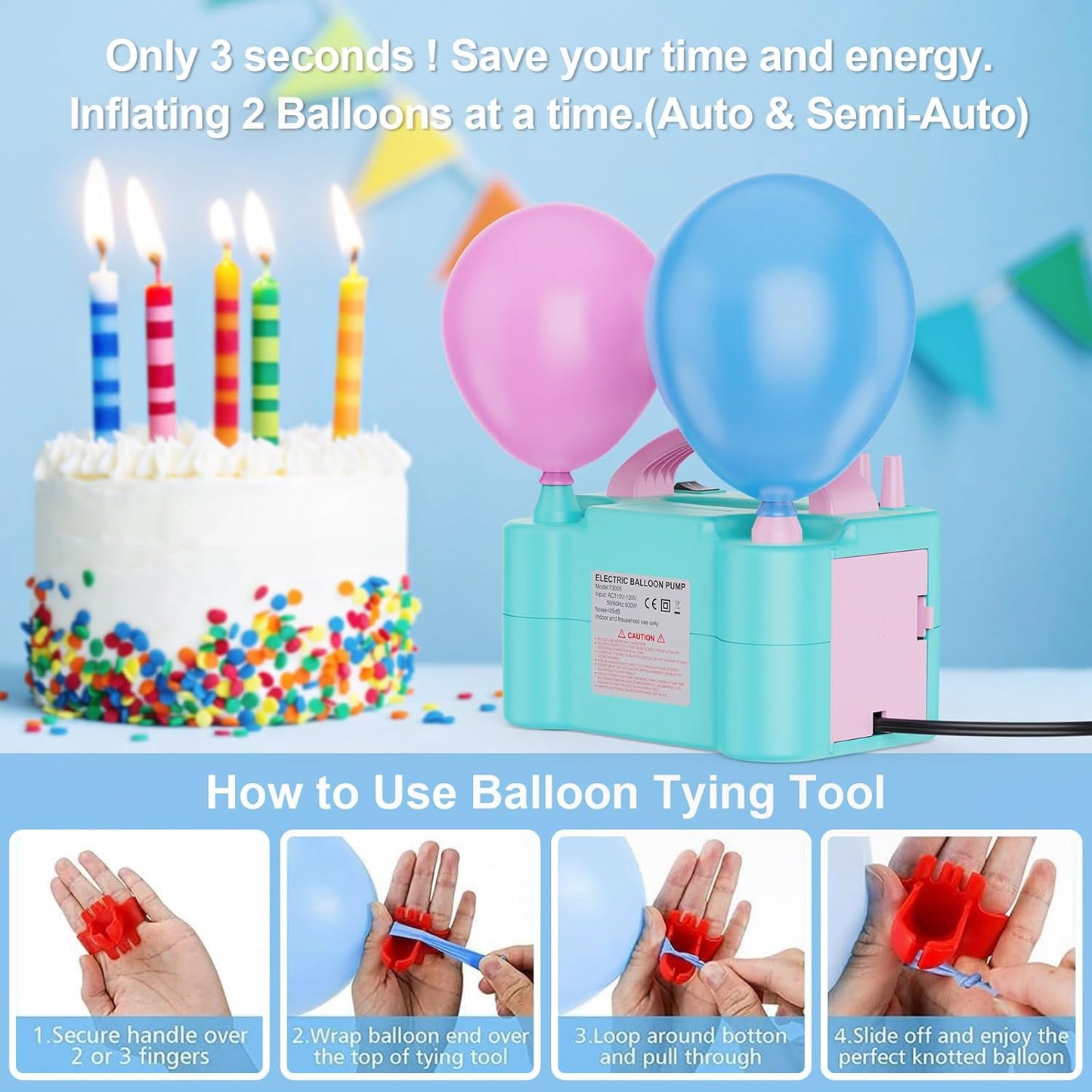 Electric Balloon Pump, Portable Dual Nozzle Electric Balloon Air Inflator for Party Decoration, 110V 600W Balloon Blower Pump Inflation-Blue