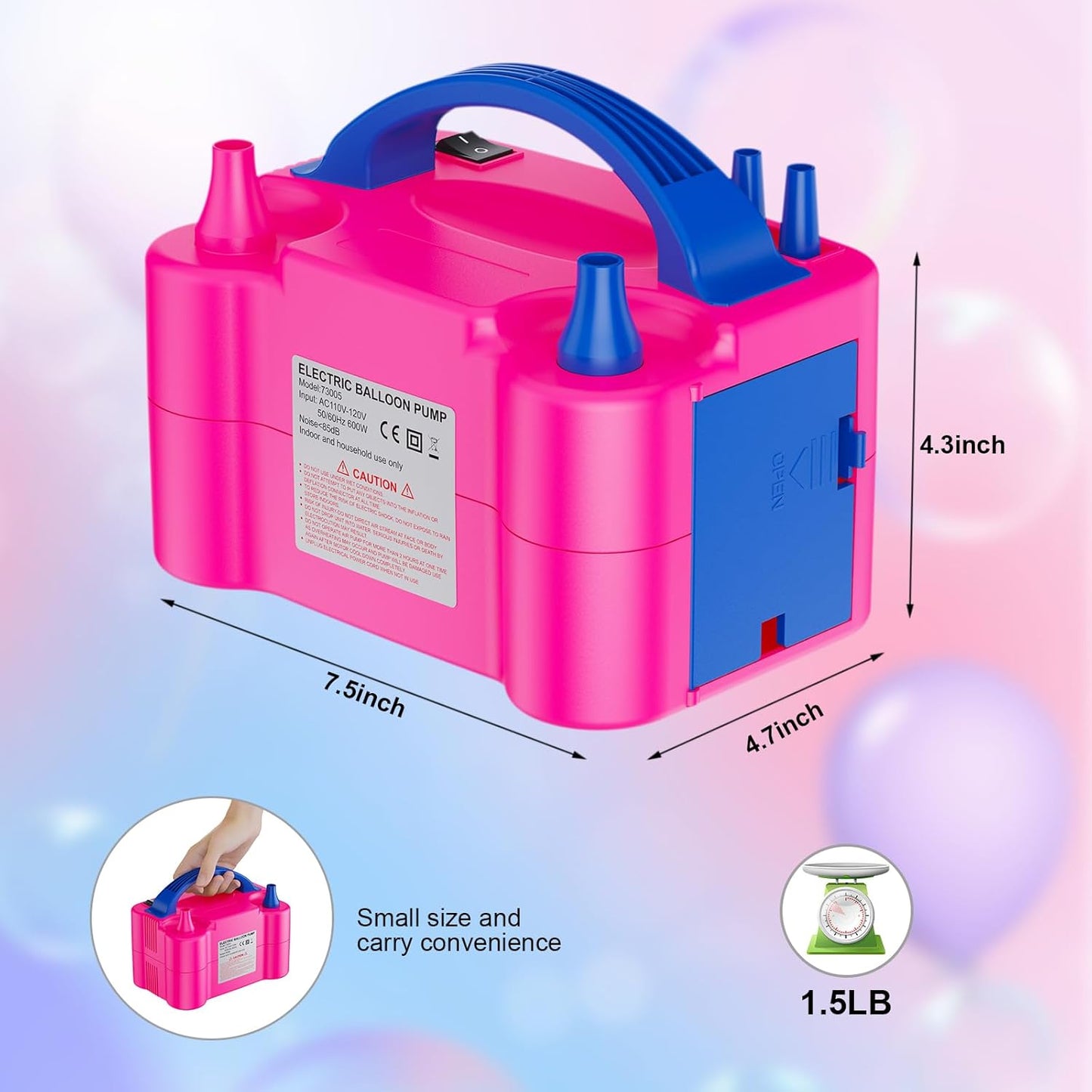 Electric Balloon Pump, Portable Dual Nozzle Electric Balloon Air Inflator for Party Decoration, 110V 600W Balloon Blower Pump Inflation-Rose Red