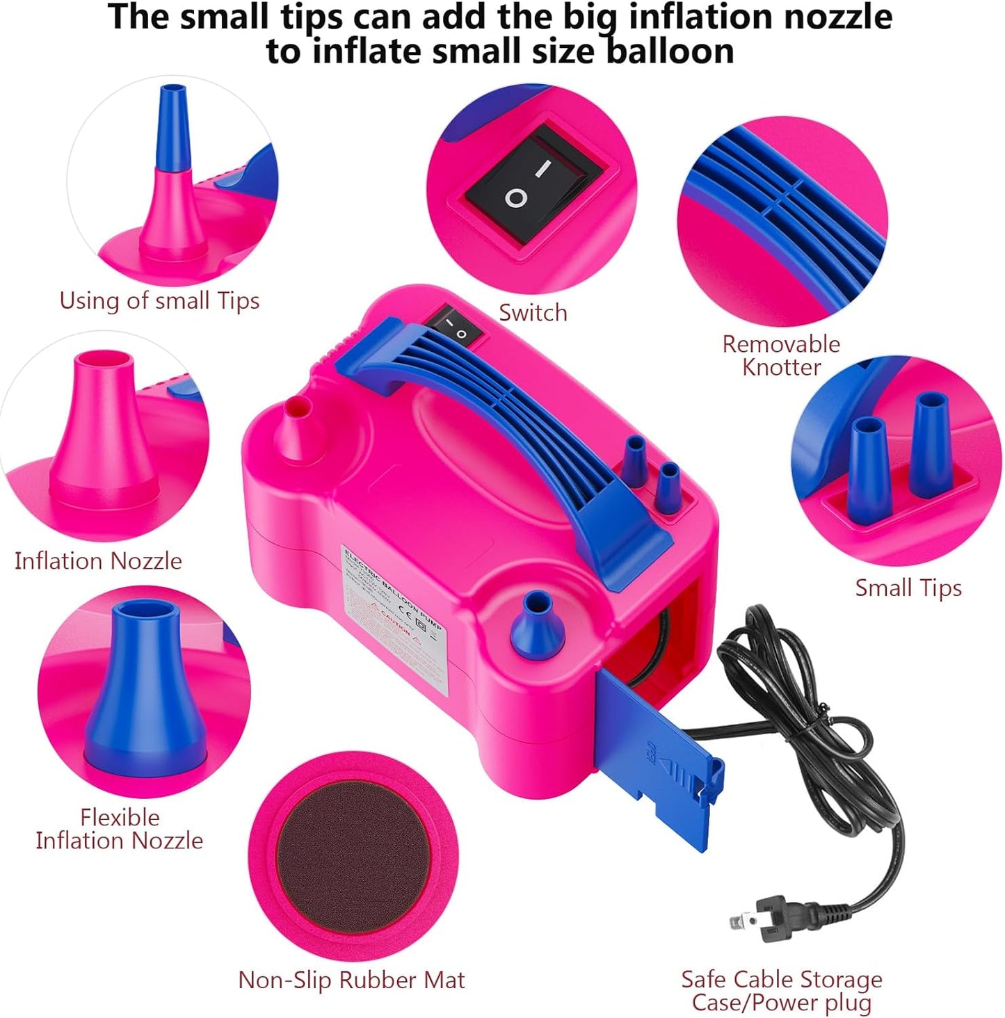 Electric Balloon Pump, Portable Dual Nozzle Electric Balloon Air Inflator for Party Decoration, 110V 600W Balloon Blower Pump Inflation-Rose Red