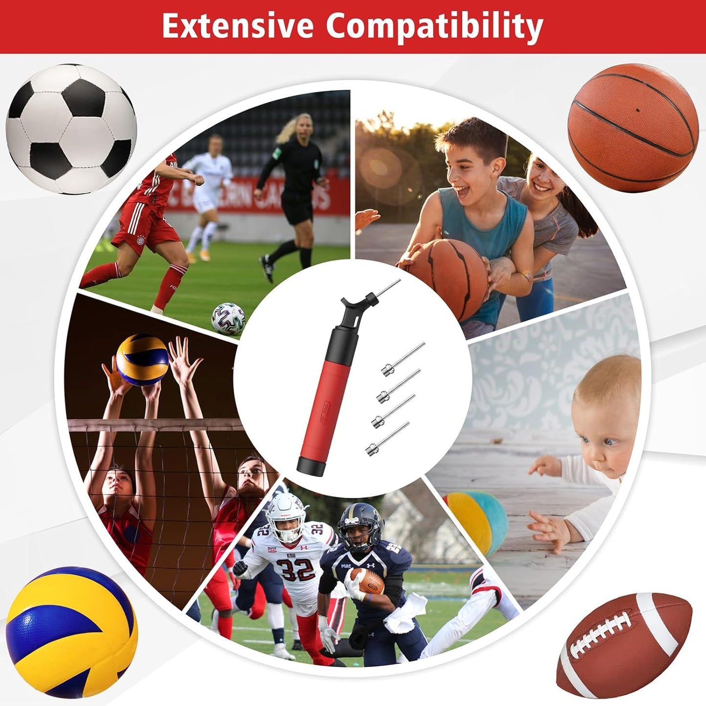 Ball Pump,Air Ball Pump Sports Ball Pump with 5 Needles,Air Pump,Nozzle, Push & Pull Inflator System, Perfect for Volleyball, Basketball, Football, Soccer, Water Polo,Swim Inflatables