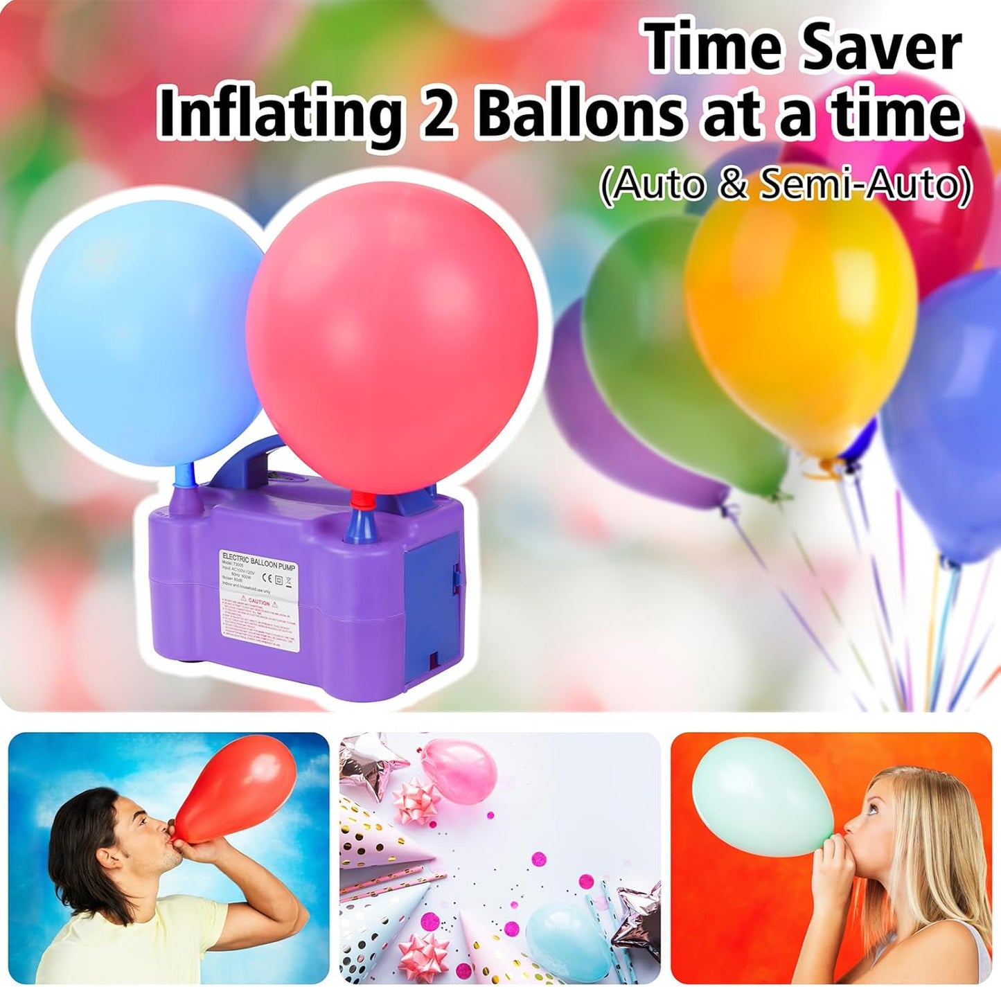 Electric Air Balloon Pump, Portable Dual Nozzle Electric Balloon Inflator for Party Decoration, 110V 600W Balloon Blower Pump Inflation -purple