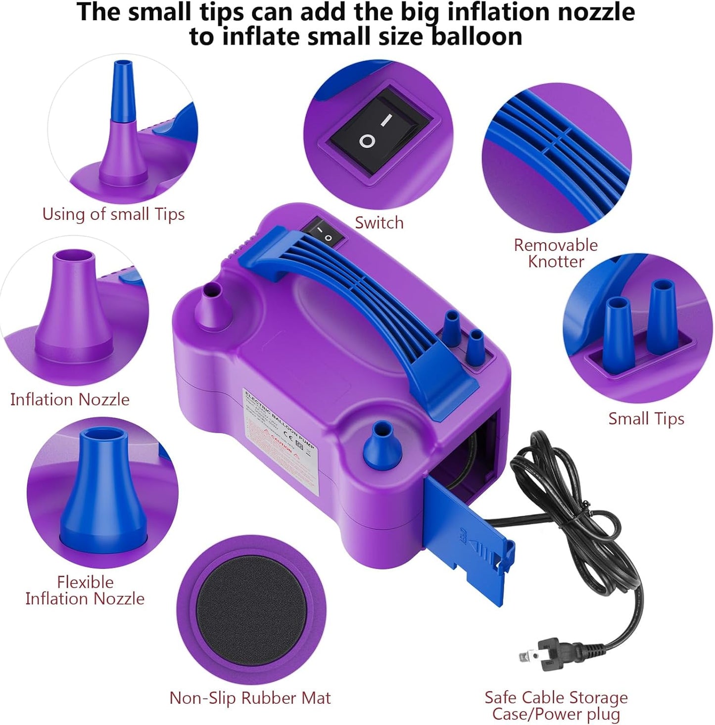 Electric Air Balloon Pump, Portable Dual Nozzle Electric Balloon Inflator for Party Decoration, 110V 600W Balloon Blower Pump Inflation -purple