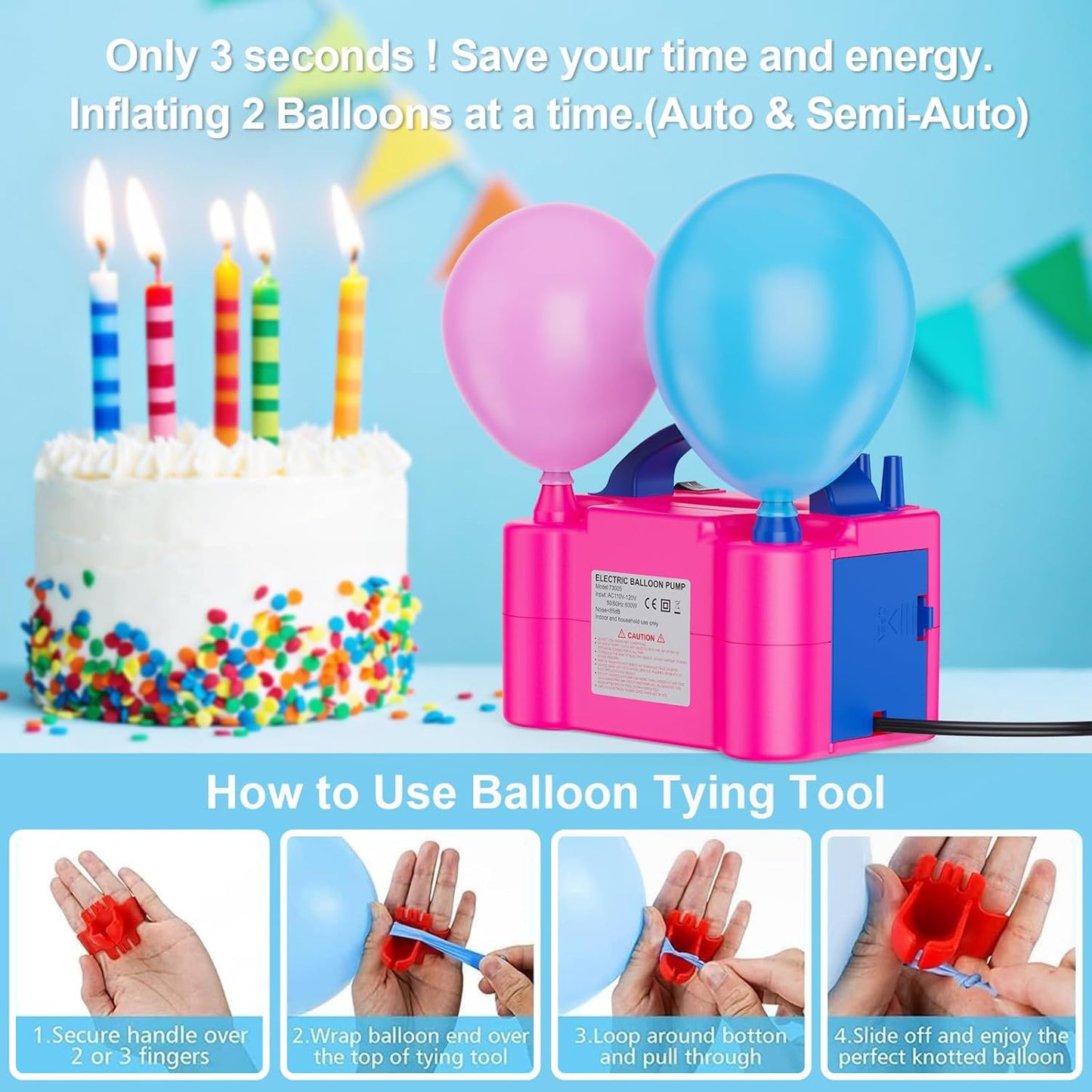 Electric Balloon Pump, Portable Dual Nozzle Electric Balloon Air Inflator for Party Decoration, 110V 600W Balloon Blower Pump Inflation-Rose Red