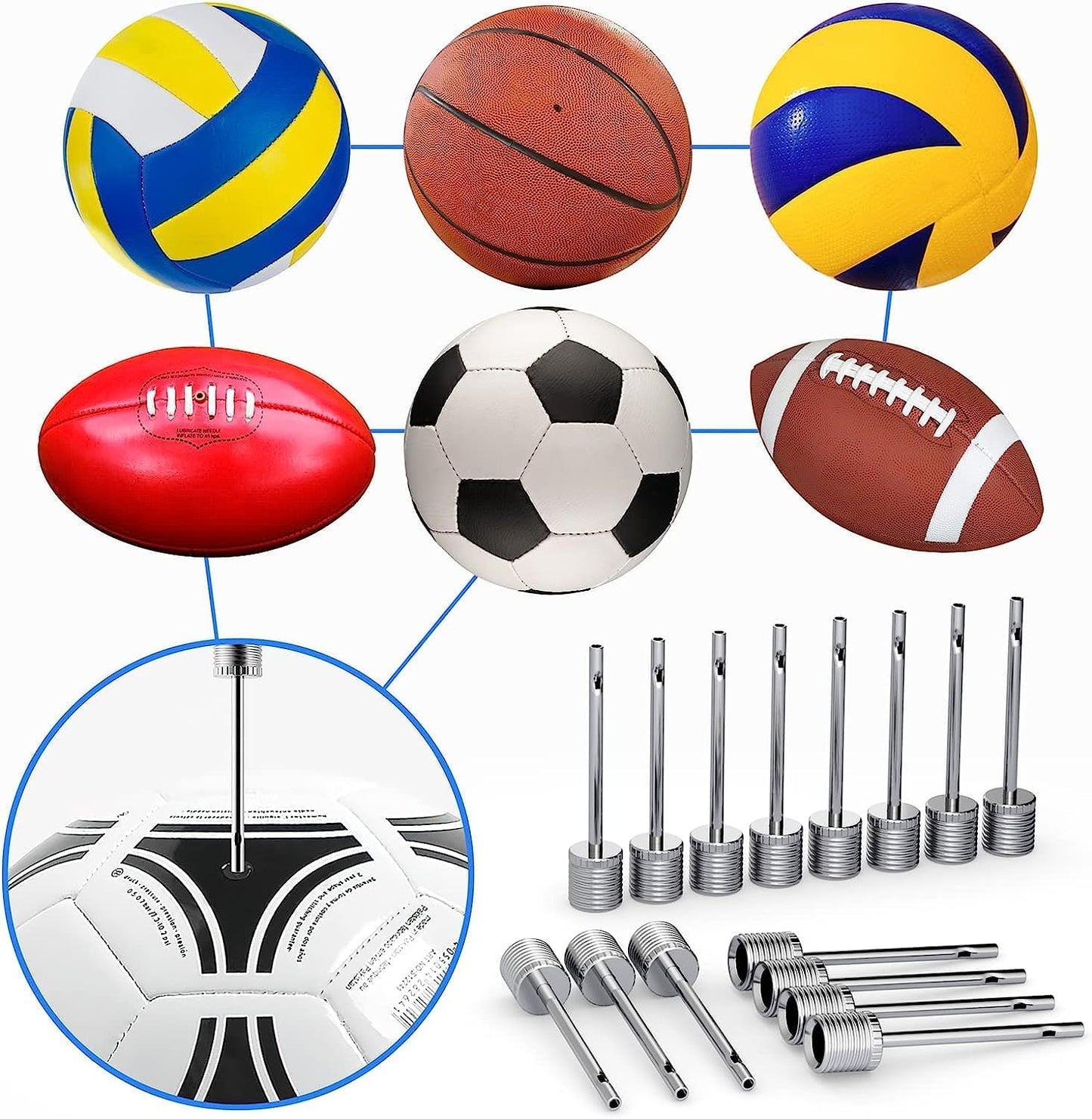Air Pump Needle 35pcs, Ball Inflation for Basketball, Soccer, Volleyball, Football or Rugby Balls Replacement Pin Inflating with Storage Box Silver