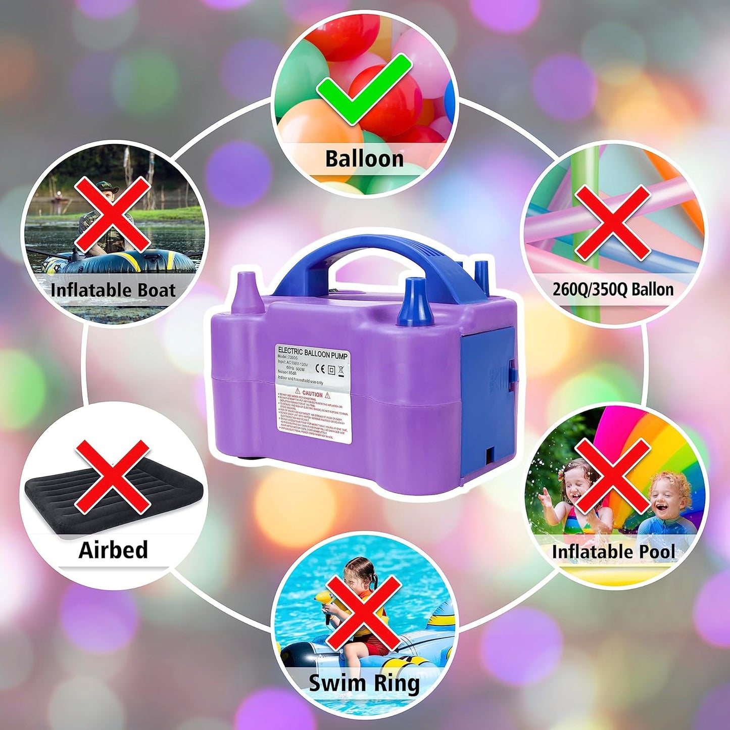Electric Air Balloon Pump, Portable Dual Nozzle Electric Balloon Inflator for Party Decoration, 110V 600W Balloon Blower Pump Inflation -purple