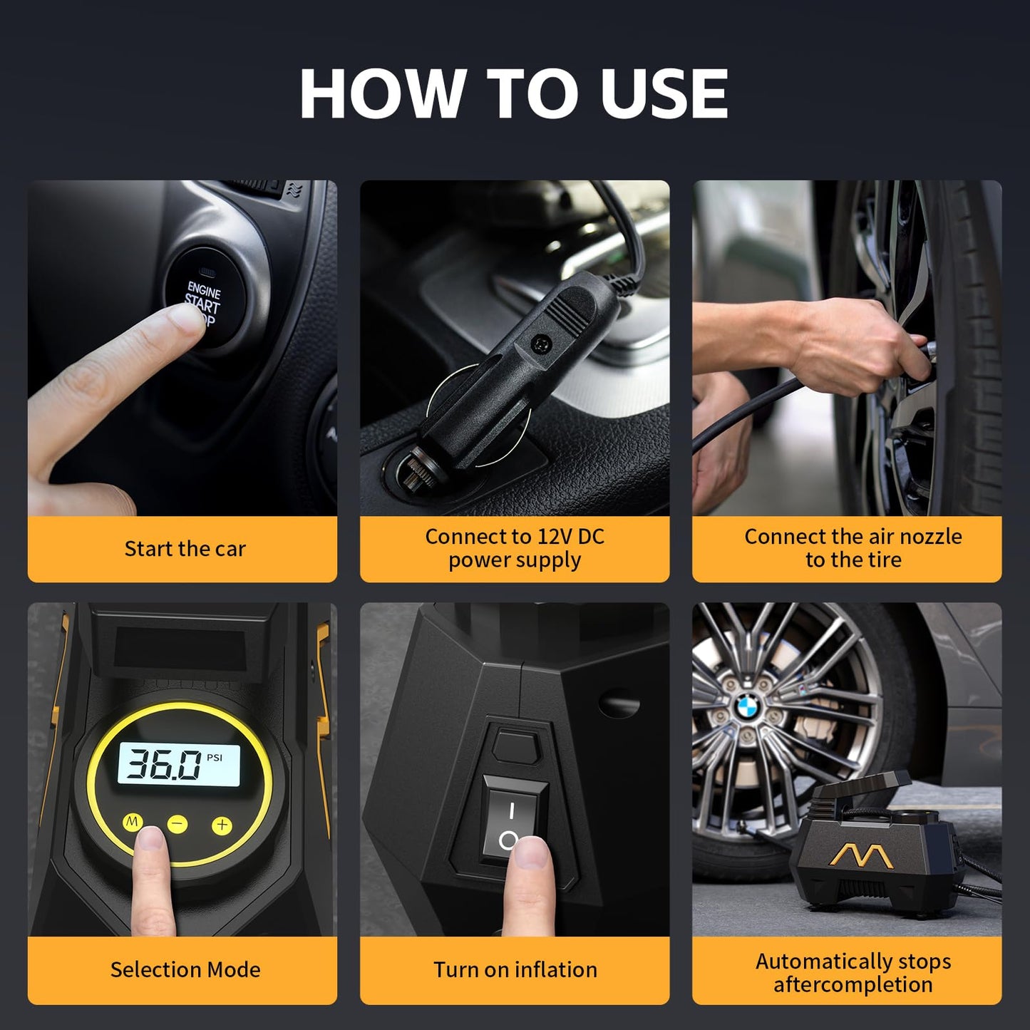 Tire Inflator Portable Air Compressor, DC 12V Air Pump for Car Tires with Digital Pressure Gauge and Emergency LED Light - Car Accessories, Portable Auto Pump for Motorcycles, Bicycle, Ball, Balloon