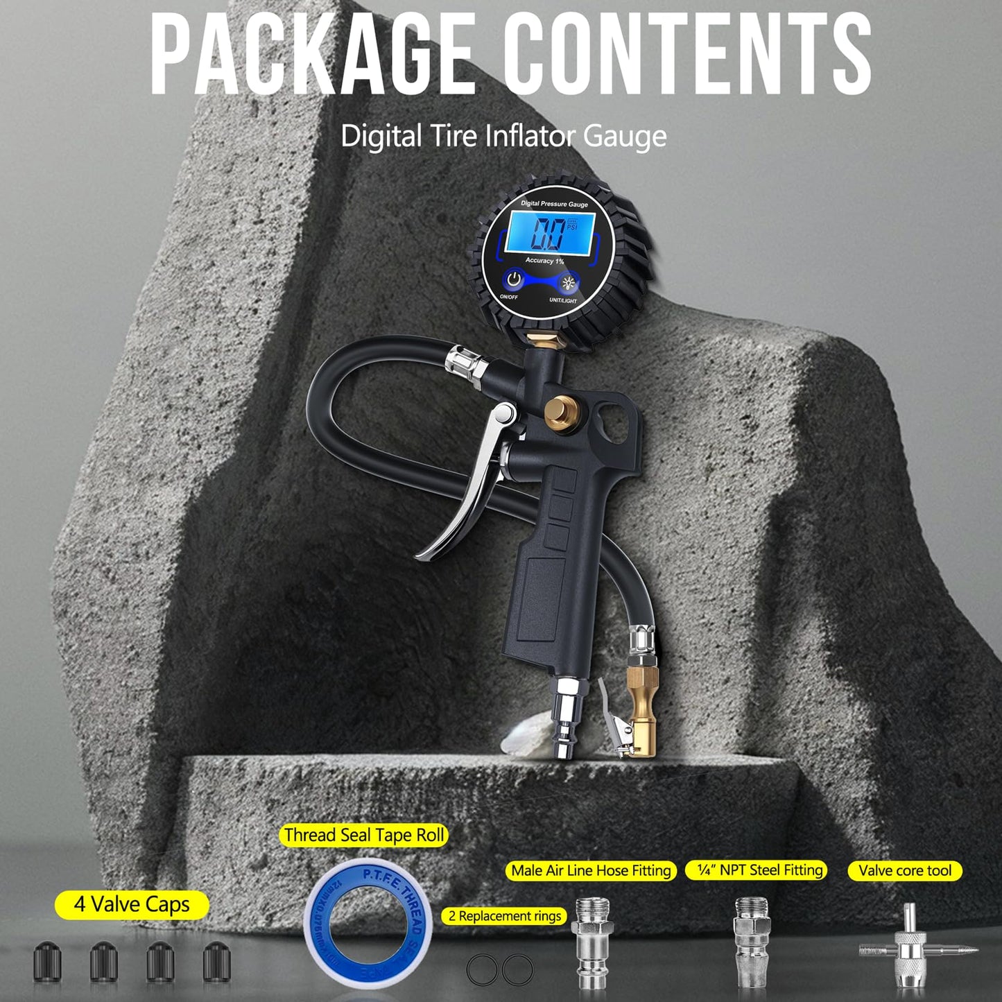 Digital Tire Pressure Gauge with Inflator, Air Compressor Accessories with Air Chuck Quick Connect Coupler, Car Attachments with Rubber Hose for Car, Truck, SUV, Cycle, RV, 250 PSI