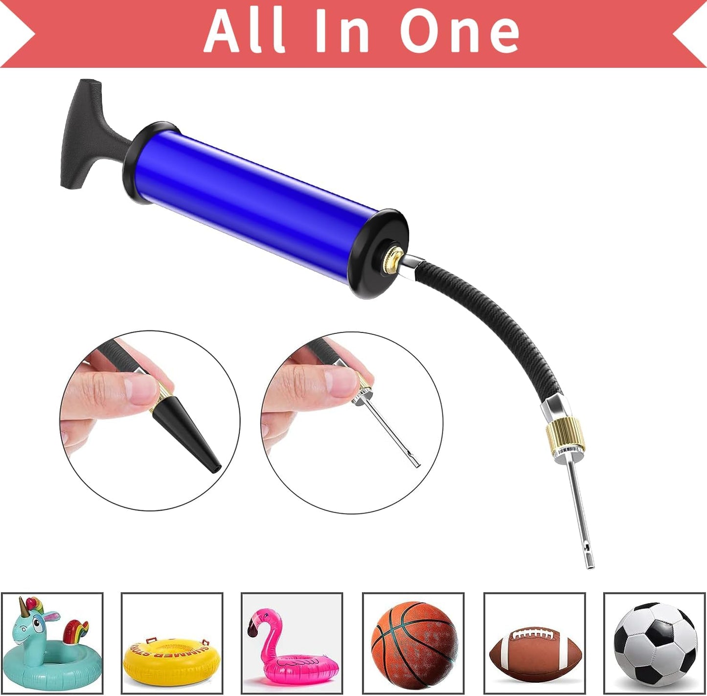 Ball Pump,Sports Ball Pump with 5 Needles, Nozzle,Extension Hose,Carry Bag,Push & Pull Inflator System,Perfect for Volleyball,Basketball,Football,Soccer,Swim Inflatables,Water Polo -Blue