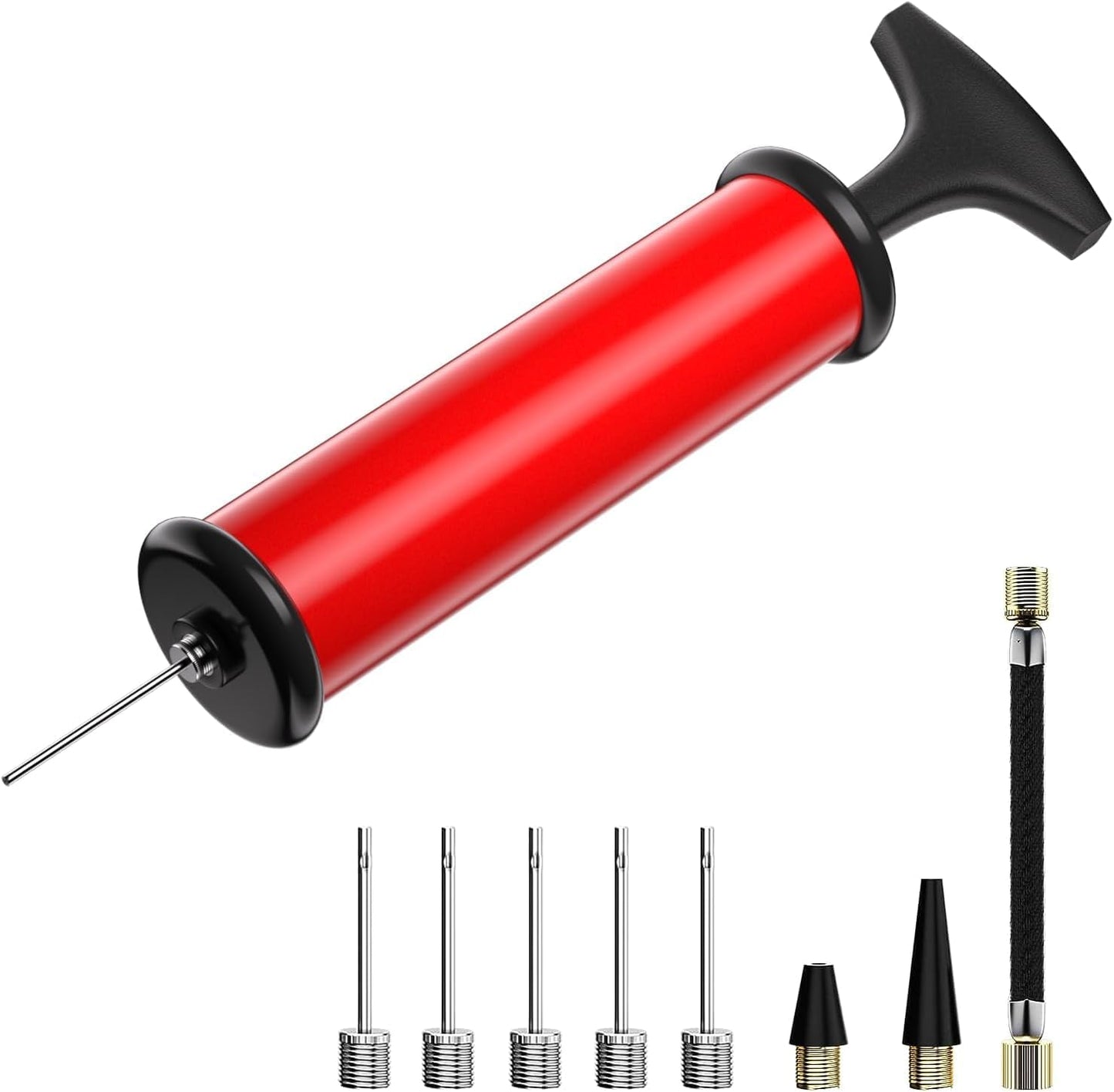Ball Pump, Sports Ball Pump with 5 Needles, Nozzle, Extension Hose, Push & Pull Inflator System, Perfect for Volleyball, Basketball, Football, Soccer, Water Polo, Swim Inflatables -RED