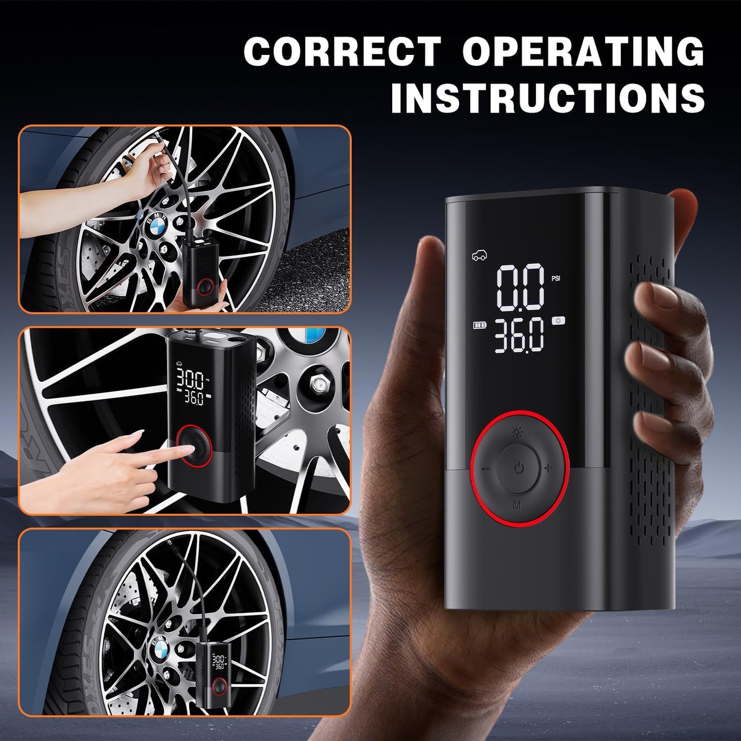 Tire Inflator Portable Air Compressor - Portable Cordless Mini Air Pump with Digital Pressure Gauge, 150PSI 3X Fast Inflation and Auto Shutoff Function Tires Pump for Cars