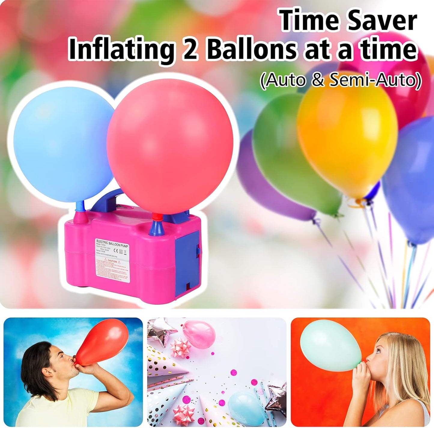 Electric Balloon Pump, Portable Dual Nozzle Electric Balloon Air Inflator for Party Decoration, 110V 600W Balloon Blower Pump Inflation-Rose Red