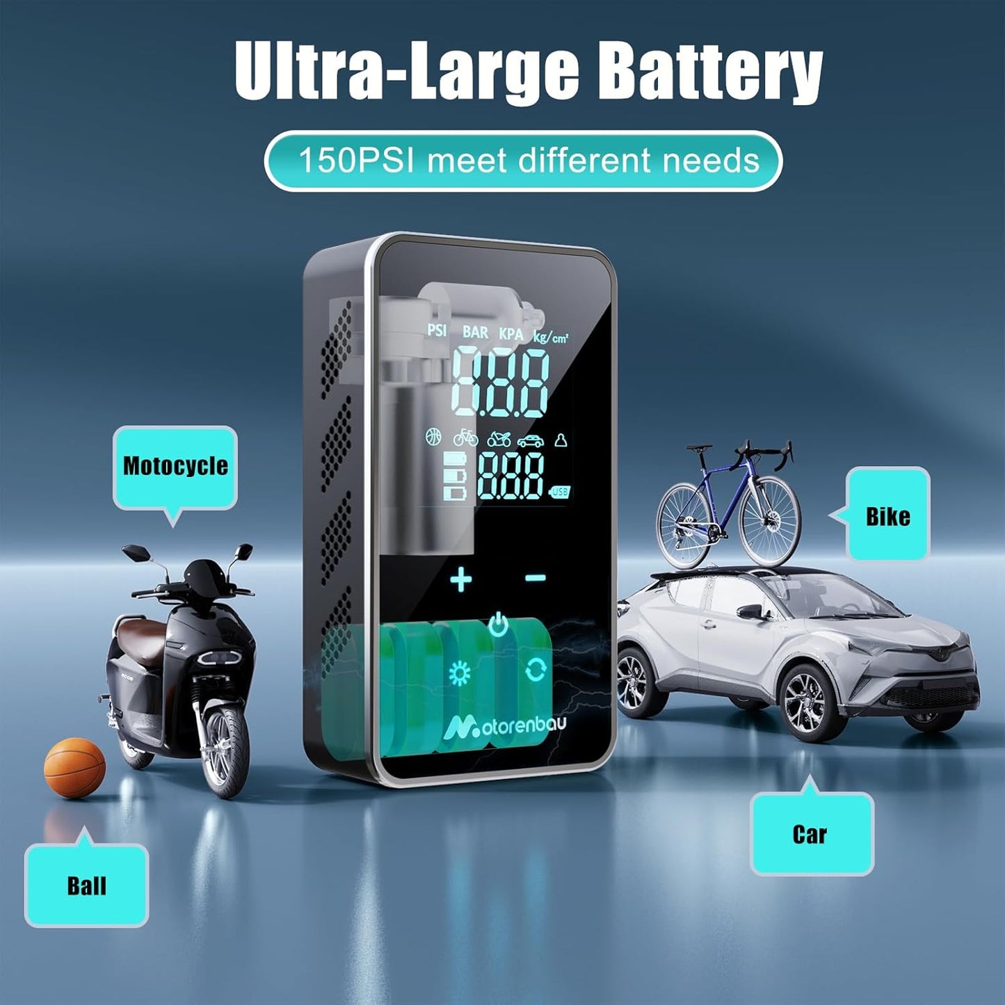Tire Inflator Portable Air Compressor 150PSI Bike Pump,Electric Car Tire Pump,Portable Tire Inflator-Air Pump for Car Tire,SUV,Motorcycle,Bike,Ballwith Gauge,Touch Screen