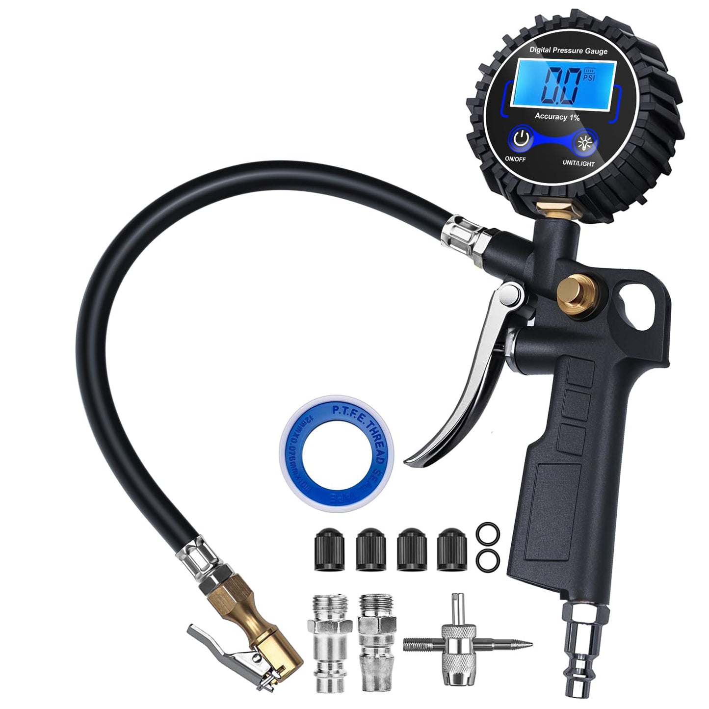 Digital Tire Pressure Gauge with Inflator, Air Compressor Accessories with Air Chuck Quick Connect Coupler, Car Attachments with Rubber Hose for Car, Truck, SUV, Cycle, RV, 250 PSI