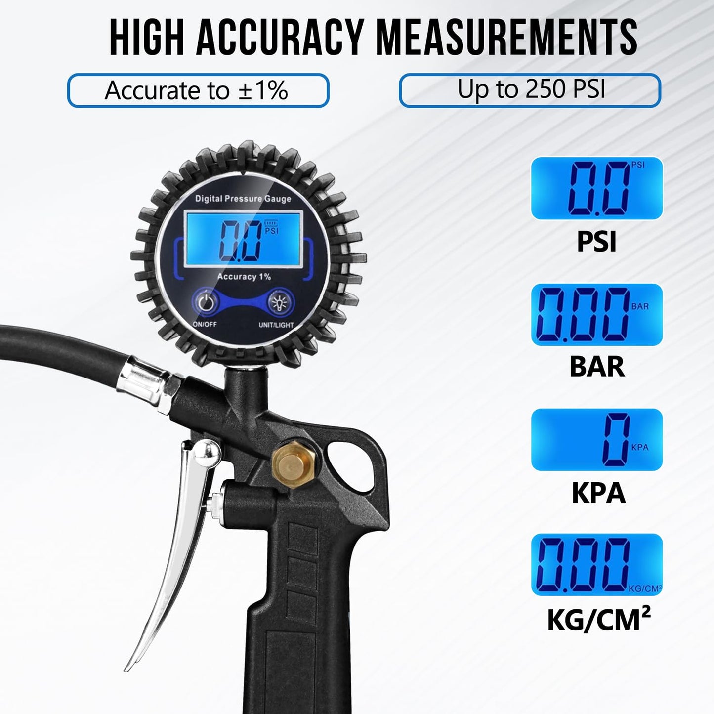 Digital Tire Pressure Gauge with Inflator, Air Compressor Accessories with Air Chuck Quick Connect Coupler, Car Attachments with Rubber Hose for Car, Truck, SUV, Cycle, RV, 250 PSI