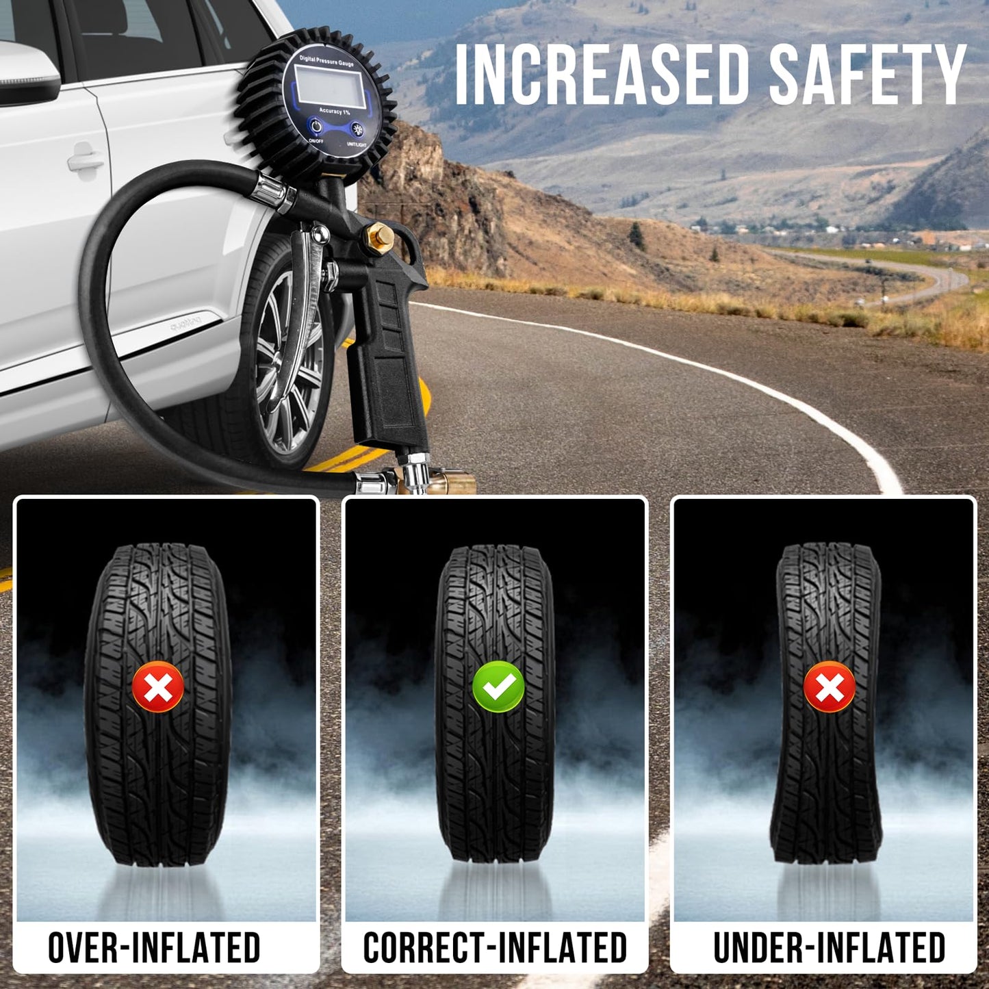 Digital Tire Pressure Gauge with Inflator, Air Compressor Accessories with Air Chuck Quick Connect Coupler, Car Attachments with Rubber Hose for Car, Truck, SUV, Cycle, RV, 250 PSI