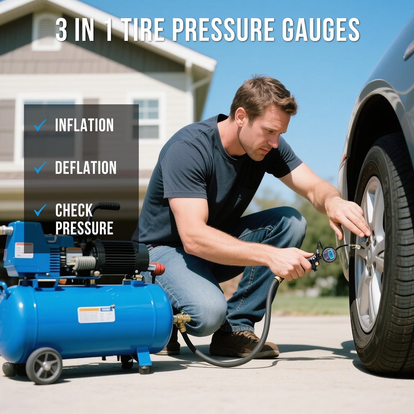 Digital Tire Pressure Gauge with Inflator, Air Compressor Accessories with Air Chuck Quick Connect Coupler, Car Attachments with Rubber Hose for Car, Truck, SUV, Cycle, RV, 250 PSI