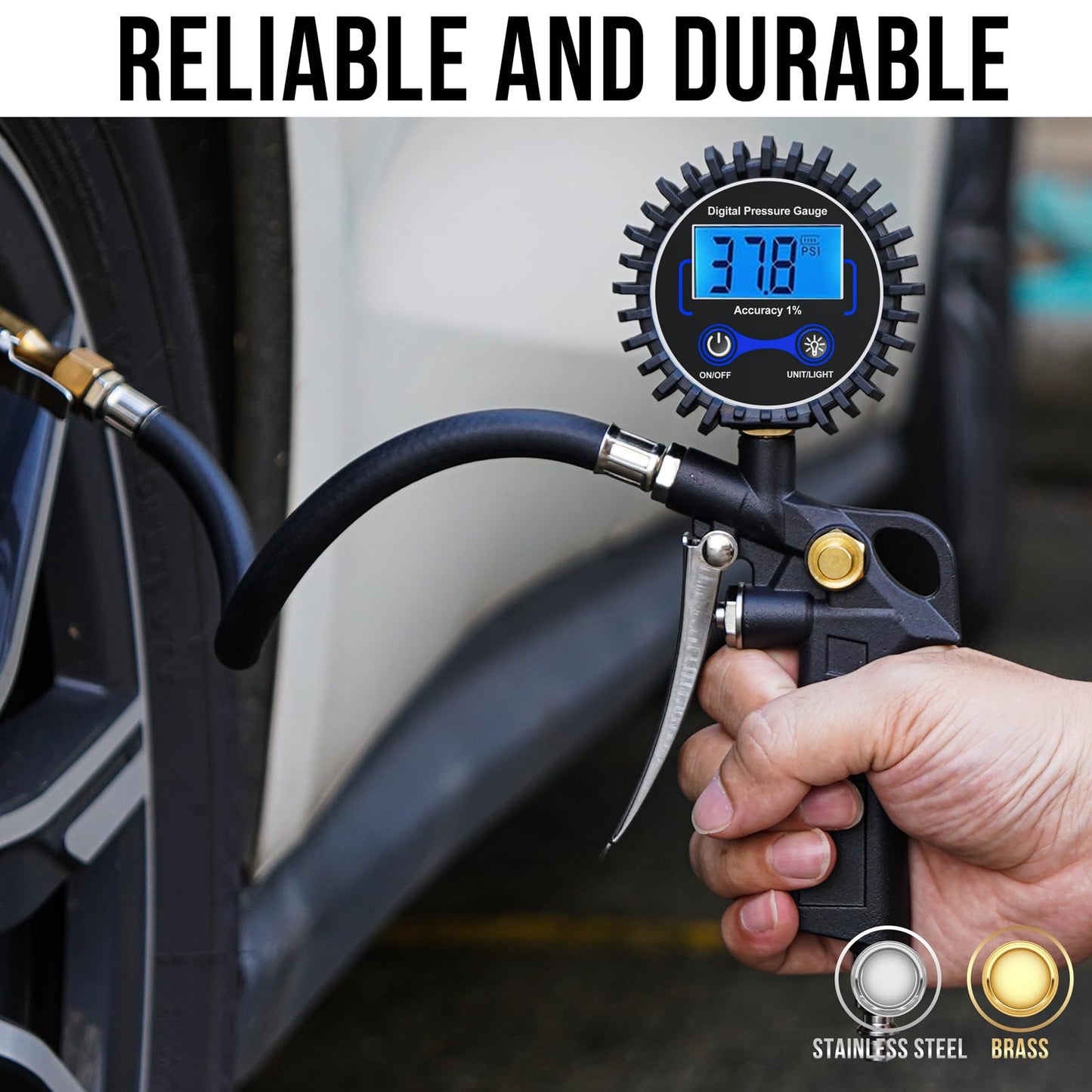 Digital Tire Pressure Gauge with Inflator, Air Compressor Accessories with Air Chuck Quick Connect Coupler, Car Attachments with Rubber Hose for Car, Truck, SUV, Cycle, RV, 250 PSI