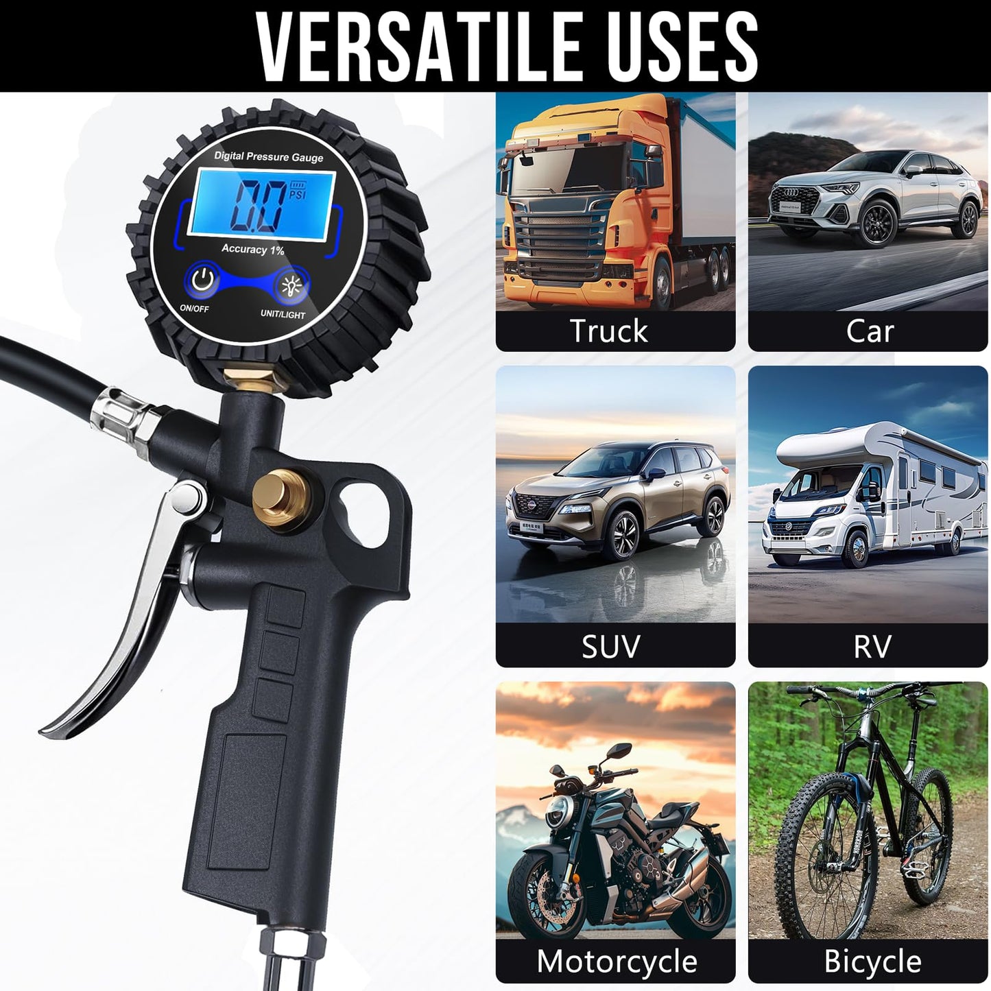 Digital Tire Pressure Gauge with Inflator, Air Compressor Accessories with Air Chuck Quick Connect Coupler, Car Attachments with Rubber Hose for Car, Truck, SUV, Cycle, RV, 250 PSI