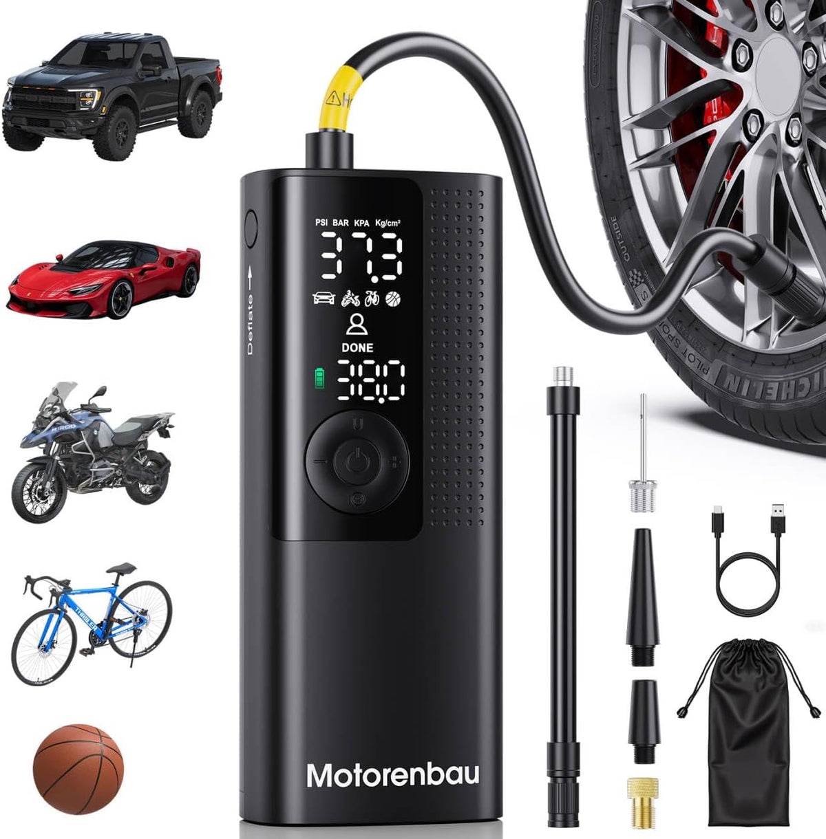 Tire Inflator Portable Air Compressor, 3X Faster Inflation for Car Tires, Bikes, Motorcycles, Balls, Auto Shut-off, Cordless Air Pump with LED & Digital Pressure Gauge
