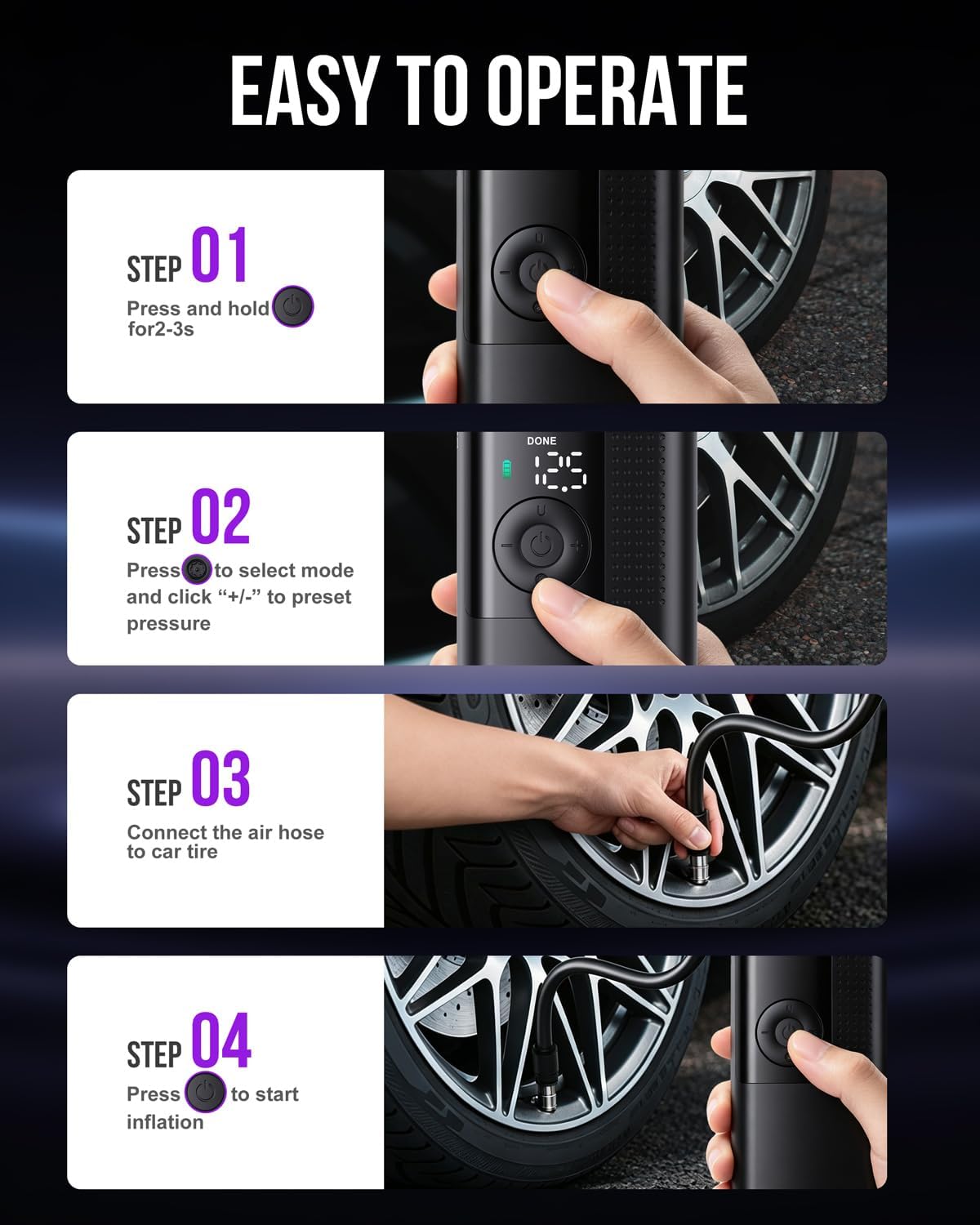 Tire Inflator Portable Air Compressor, 3X Faster Inflation for Car Tires, Bikes, Motorcycles, Balls, Auto Shut-off, Cordless Air Pump with LED & Digital Pressure Gauge